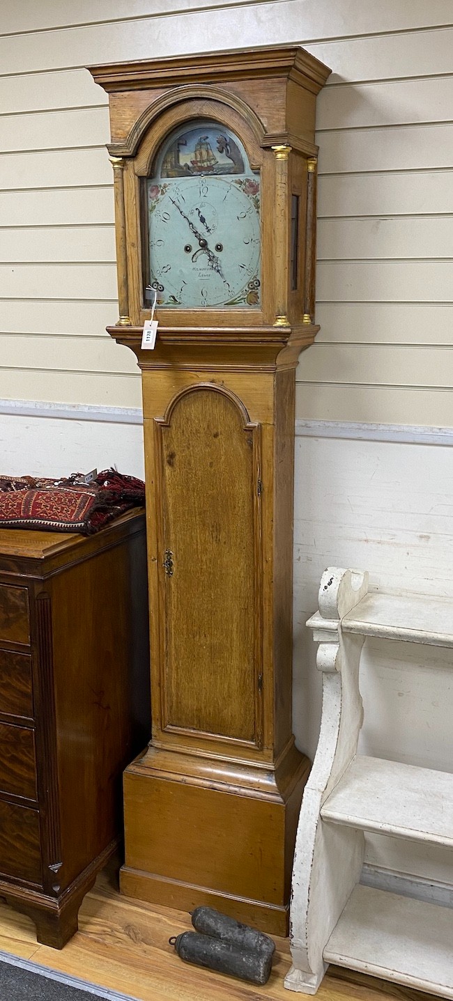 An early 19th century oak and pine 8 day longcase clock, the painted arched dial marked Wilmshurst, Lewes, height 207cm